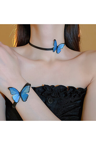 Choice set 1 Blue Butterfly Necklace Bracelet Jewelry Set for Women Boho Leat...