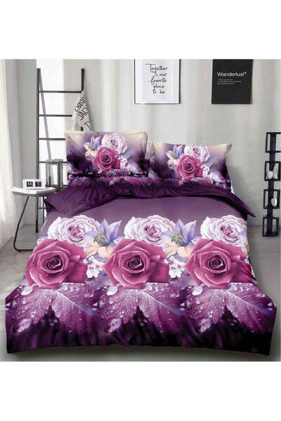 trendyhome Double Bed Linen with Elastic, 4 Pieces, 3D – Roses, Pink/Purple, BT-09