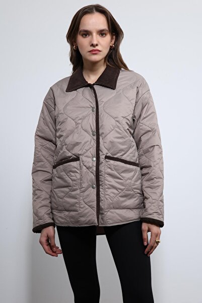 Antioch Beige Contrast Collar Patterned Coat