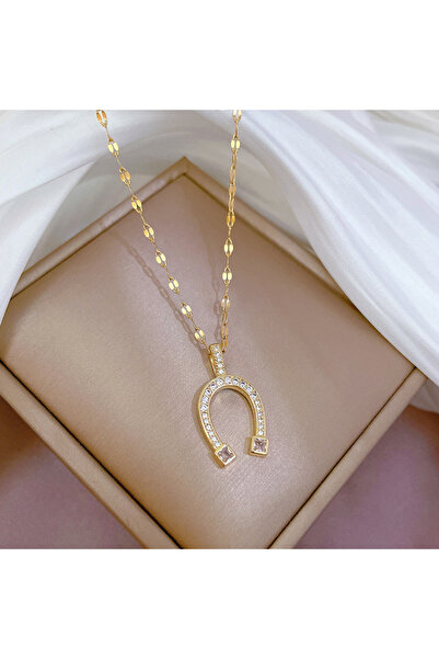 Choice قلادة أنيقة كلاسيكية على شكل حدوة حصان من الفولاذ التيتانيوم الذهبي، م...