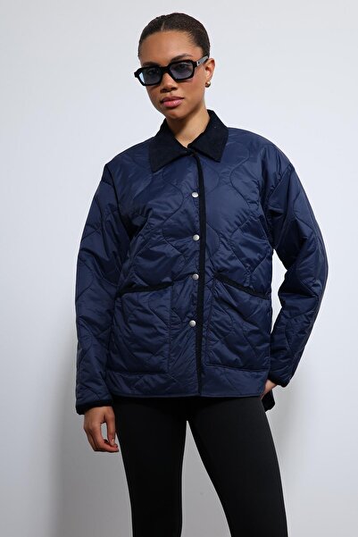 Antioch Navy Blue Contrast Collar Patterned Coat