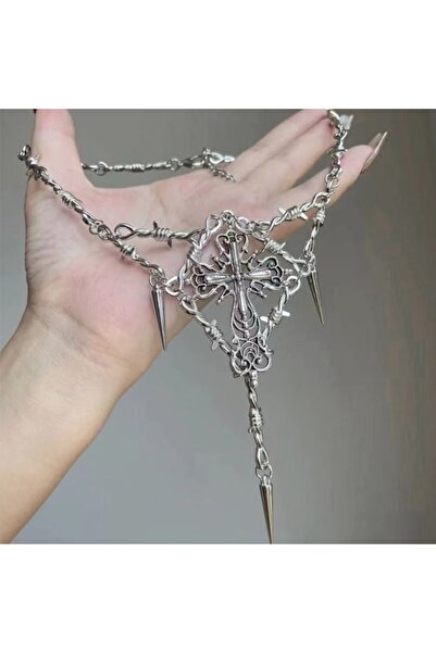 Choice قلادة صليب قوطي بلون الفولاذ على طراز Y2k للنساء والرجال، قلادة صليب بانك مزينة بأشواك الأسلاك الشائكة.