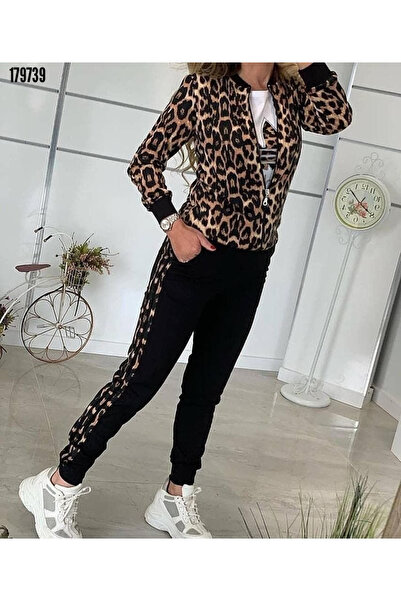 Modayakamoz Yeni Sezon Şık ve Rahat Kadın Leopar Desenli Viskon İki İplik Blu...