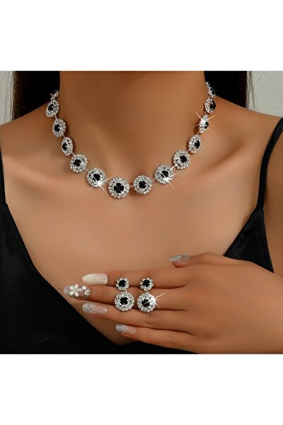 Choice طقم مجوهرات نسائي أسود أنيق مكون من عقد وأقراط دائرية هندسية، مناسب لح...