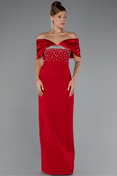 Abiyefon Kırmızı Kayık Yaka Göğsü Taşlı Uzun Abiye Elbise ABU5352