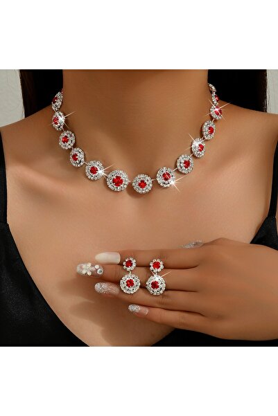 Choice طقم مجوهرات نسائي أنيق باللون الأحمر، يتألف من قلادة وأقراط دائرية بتصميم هندسي، مناسب لحفلات الزفاف والمناسبات. رقم الموديل: ZT4067