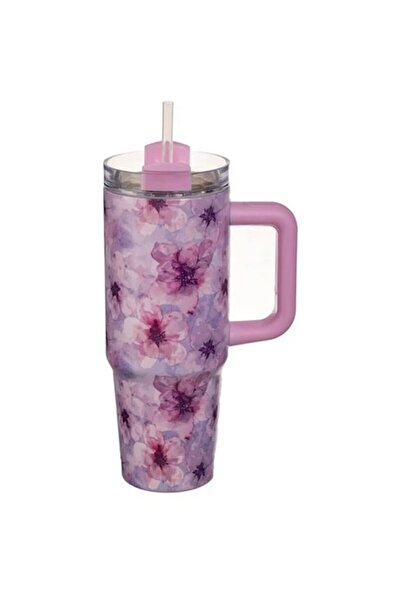 AB HOMES Termos din oțel inoxidabil roz cu imprimeu floral și mâner, 900 ml