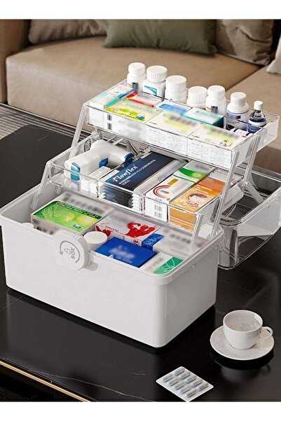 DOMEET Family Medicine Storage Box Container, 3 Layers Folding First Aid Box Organizer with Locking