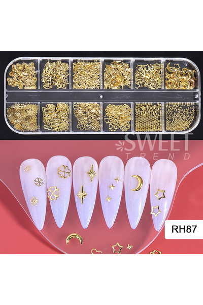 Choice RH87 1Box Golden Mixed Ribbon Bow/Star/Steel ball/Love Heart Kit Nail Art Charms for Valentine's Da