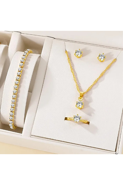 Choice طقم مجوهرات من الذهب مكون من 5 قطع من الزركونيا، خاتم وقلادة وسوار وأق...