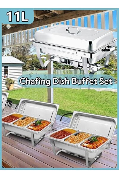 Generic طقم بوفيه لأطباق التسخين سعة 11 لترًا، مع صينية موقد و3 أوعية طعام بحجم ثلث الحجم الأصلي.