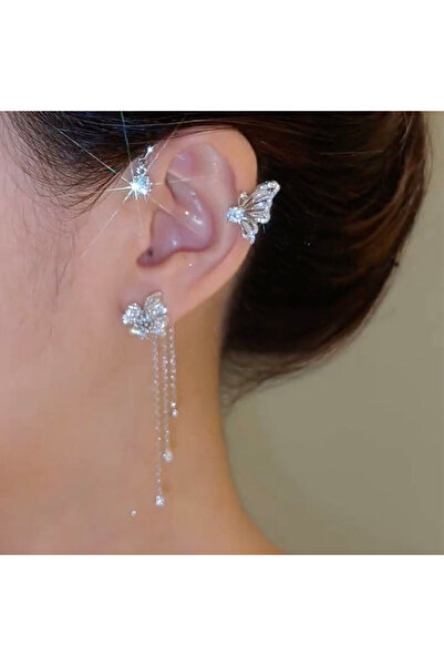 Choice مشبك أذن فضي اللون على شكل زهرة وفراشة مرصع بالزركون اللامع، مناسب للن...
