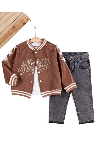 VOY KİDS Erkek Bebek Kolları Deri Süet Ceketli, 3'lü Kot Pantalonlu 6-9-12-18...