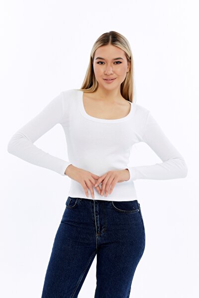 Maison La Femme Bluză cu mânecă lungă pentru femei material elastic cu decolt...