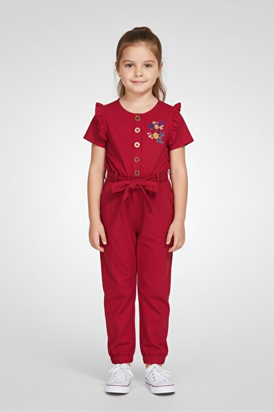 NANETTE LEPORE جمبسوت قصير الأكمام مطرز للبنات الصغيرات، لون عنابي