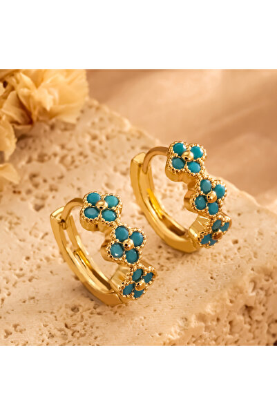 Choice أقراط حلقية صغيرة على شكل زهرة مرصعة بالزركونيا المكعبة الفيروزية المل...