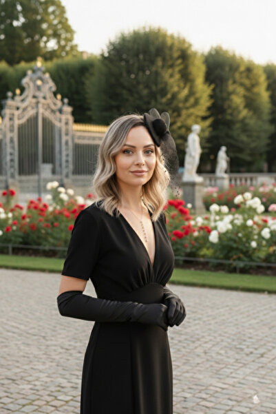 shop Set de pălărie fascinator cu mănuși lungi negre și tul - Accesoriu vinta...