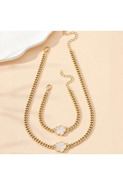 Choice 45cm White Five-petal Flower Bracelet Necklace Set for Women Lucky Fiv...