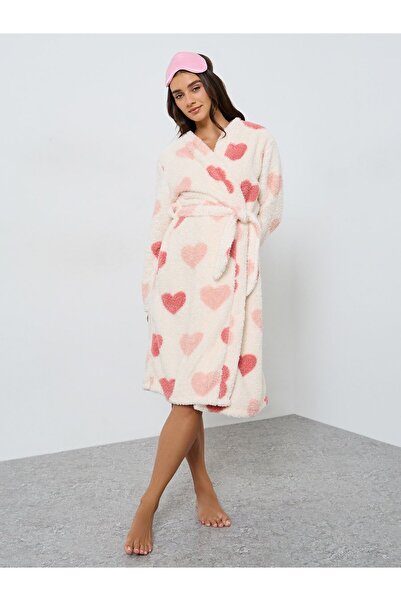 Take Two By Styli Women Love Heart Graphic Printed Open Front Belted Robe
