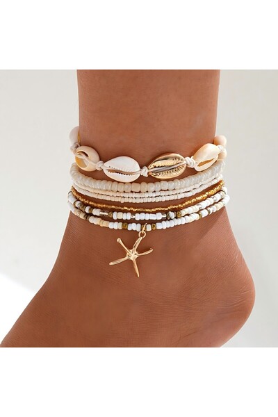 Choice White 7pc/set Bohemian Rice Beads Starfish Pendant Anklet Set Fashion Summer Beach Sea Shell Multila