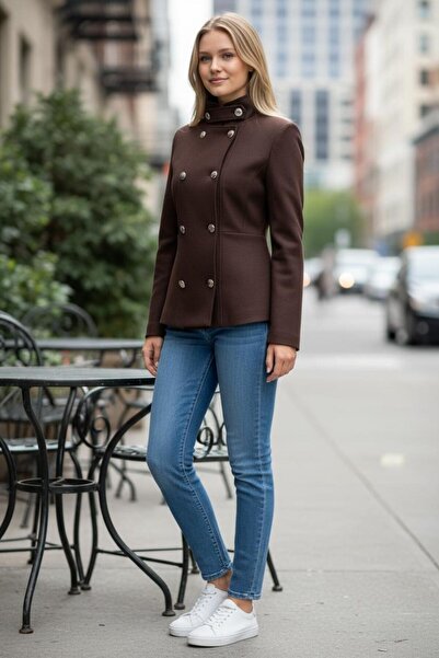 SEVINA BUTİK Acı Kahve Dik Yaka Düğmeli Mevsimlik Kısa Mont