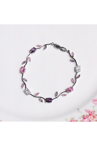 Choice سوار معصم فضي اللون مرصع بالزركونيا المكعبة الوردية مع زهور متسلقة، سو...