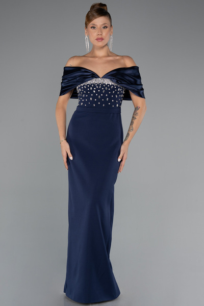 Abiyefon Lacivert Kayık Yaka Göğsü Taşlı Uzun Abiye Elbise ABU5352