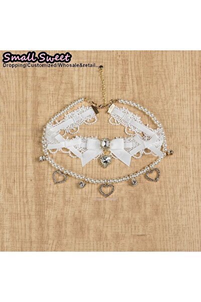 Choice white 2 Handmade Choker Necklaces Double Pearl bow love jewelry gemsto...