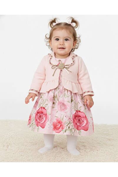 Ege Bebek Kız Bebek 1-2-3 Yaş Gül Detaylı, Bolerolu 2 Parçalı Elbise Elbise