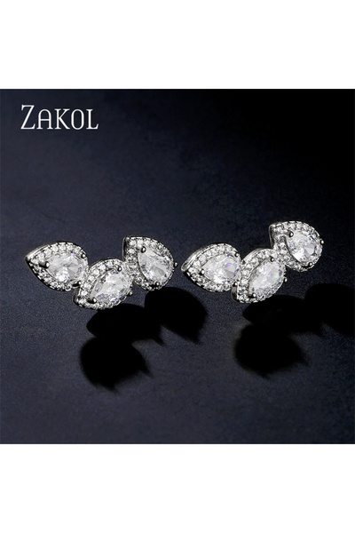 Choice White Color ZAKOL Luxury Shiny Zircon Leaf Stud Earrings For Women Exquisite Crystal Water Drop Ear