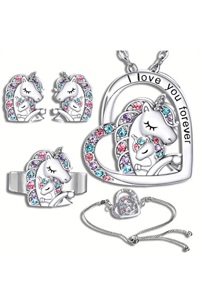 Choice طقم مجوهرات للبنات - قلادة وسوار وخاتم وأقراط بتصميم وحيد القرن المحظو...