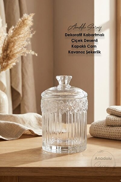 Anadolu Saray Dekoratif Kabartmalı Çiçek Desenli Kapaklı Cam Kavanoz Şekerlik...