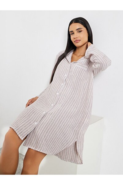 Styli Woven Linen Look Stripe Buttoned Nightshirt Dress