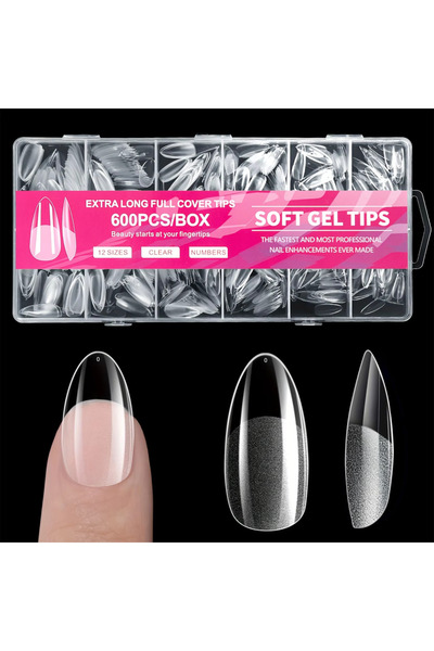 Choice 600 قطعة من أطراف الأظافر اللوزية الشفافة، نصف لامعة، تغطية كاملة، أطر...