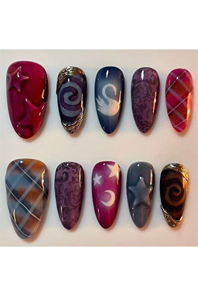 Choice Y10 24pcs Gradient Black False Nails Cute Cartoon Cat's Eye Forest Elf...