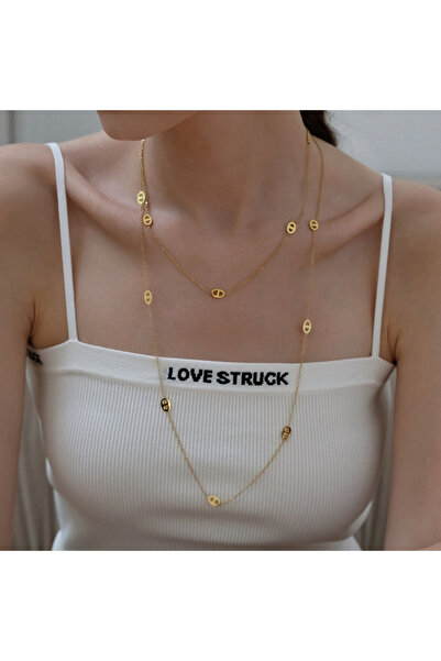 Choice قلادة طويلة من الذهب الأصفر الفاخر من لينيك، مصنوعة من طبقتين من الفولاذ التيتانيوم، بتصميم أنف خنزير، تصميم أنيق وفاخر.