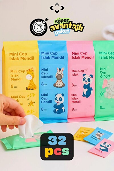 Şahane Pazar 32 Packs 256 Sheets Mini Pocket Wet Wipes Cleaning Cloth for Kids Hygiene Shn-2092