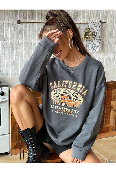 NO 601 Women's Dark Gray California Enjoy Life Printed Hoodless Crew Neck Sweatshirt