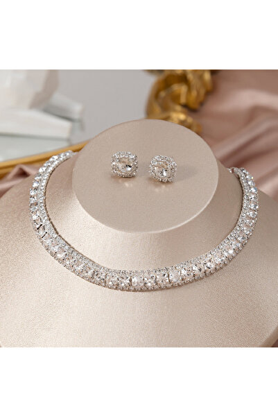 Choice طقم عقد وأقراط كريستال فاخر من FYUAN باللون الوردي، مصنوع من الفضة، مناسب لحفلات الزفاف والمناسبات النسائية.