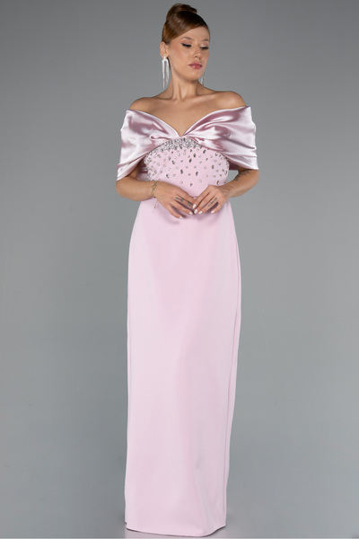 Abiyefon Pudra Kayık Yaka Göğsü Taşlı Uzun Abiye Elbise ABU5352