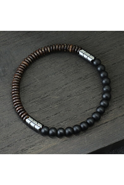 Choice سوار جديد من حجر العقيق الأسود وخرز جوز الهند للرجال، 6 مم، مصنوع من ح...