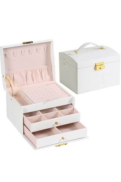 Choice صندوق مجوهرات أبيض بثلاثة أدراج محمول باليد، صندوق تخزين للأقراط والخو...