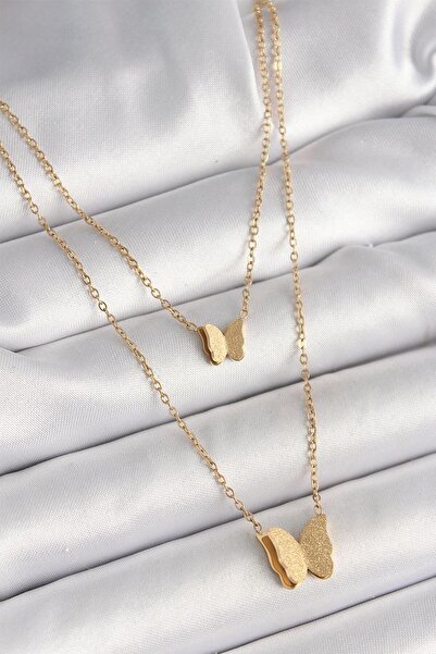 BUTİK AYVİTRİN 316L Steel Gold Color 2 Piece Silvery Butterfly Model Women's ...