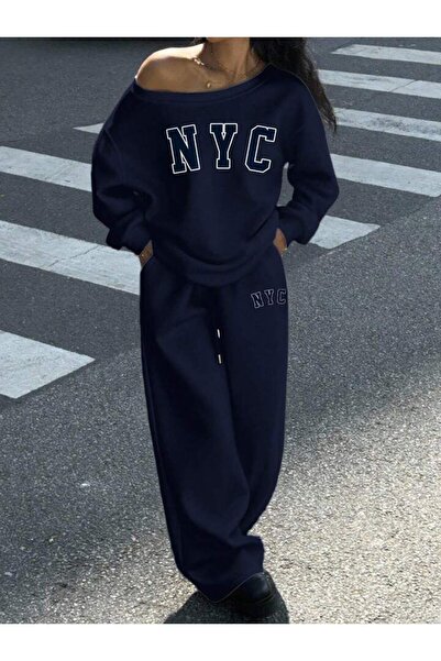 NoVibe Women's Nyc Printed Boat Neck Sweatshirt Sweatpants Set