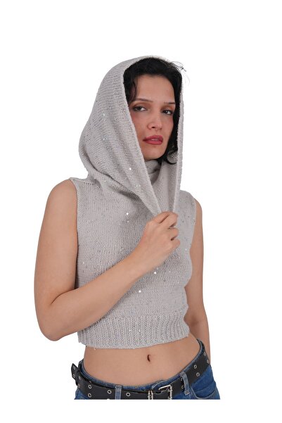 Craft By Mine El Yapımı Taş Rengi Pullu Büyük Yakalı Kolsuz Örgü Crop – Kadın...