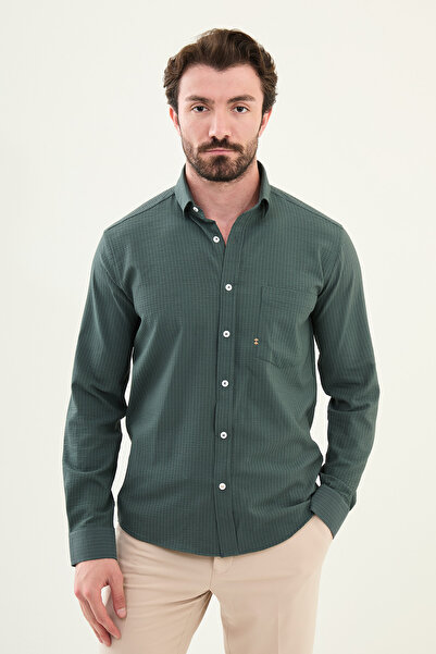 Mcr Patterned Slim Fit Pocket Detailed Long Sleeve Men's Shirt Khaki - 27080.25Y