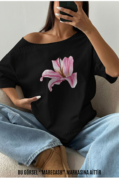 MARECASH Kadın Kayık Yaka Çiçek Baskılı Oversize T-Shirt Kısa Kollu Yazlık