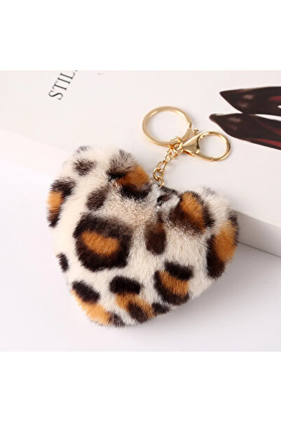 Choice 05 Leopard Print Heart Plush Pompom Keychain Set High-Quality Fluffy F...