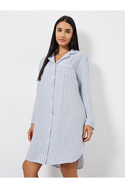 Styli Woven Linen Look Stripe Buttoned Nightshirt Dress