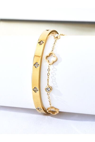 Choice طقم AB من قطعة واحدة/قطعتين، أنيق وعصري من الفولاذ المقاوم للصدأ، مزين بالألماس على شكل زهرة ونقش مفتوح، بأربعة أذرع